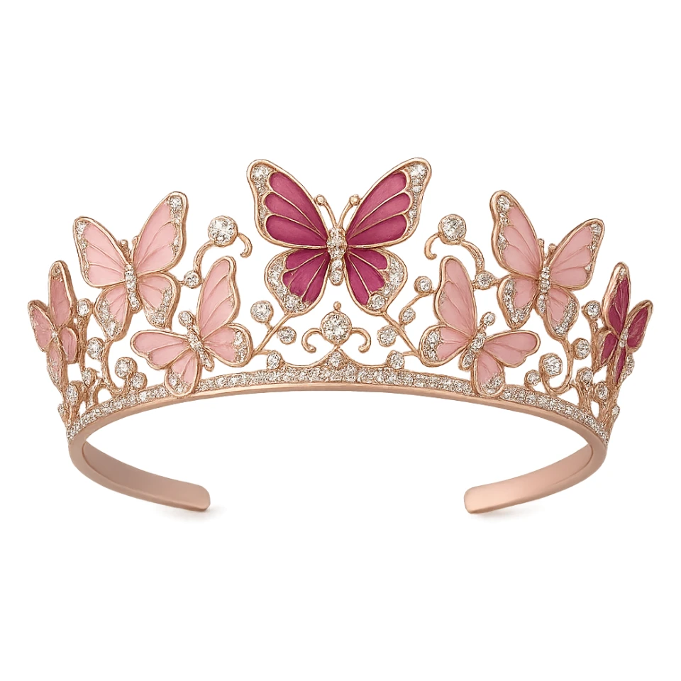 butterfly crown with a soft pink base, butterflies in light and dark pink enamel, sparkling gems, transparent background sticker