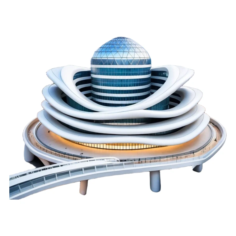 Realistic Dongdaemun Design Plaza (DDP) Landmark Emoji, featuring the iconic curving silver structure with futuristic architecture, illuminated pathways, and a sleek modern design set against the Seoul cityscape. sticker