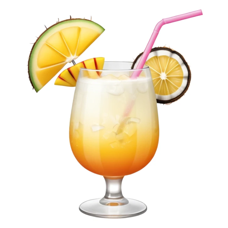 A beautiful cocktail with a creamy white to orange gradient, containing coconut juice and mango, reminiscent of summer. Above, there are tropical flowers, lemon slices, and straws. sticker