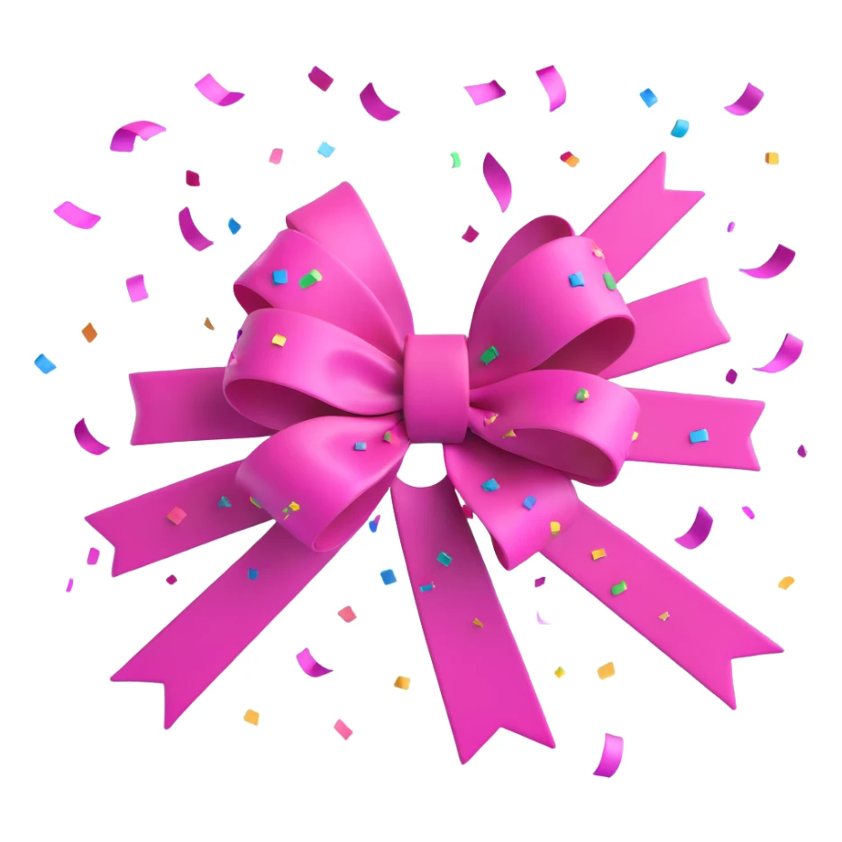 3D emoji style bow, magenta, confetti burst effect sticker