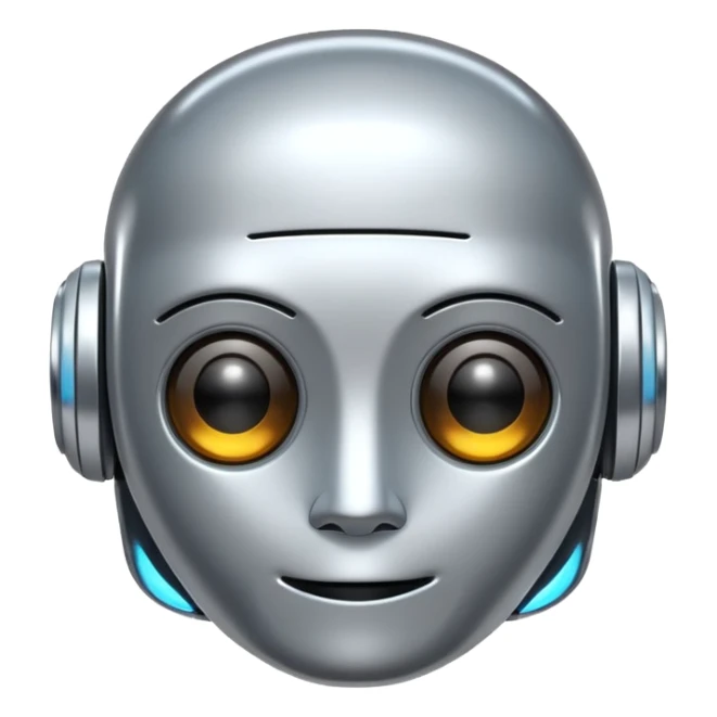A cute futuristic robot emoji made of silver chrome, rounded friendly body, minimal facial features, glossy metallic surface, soft reflections, iOS emoji style, centered, clean white background sticker