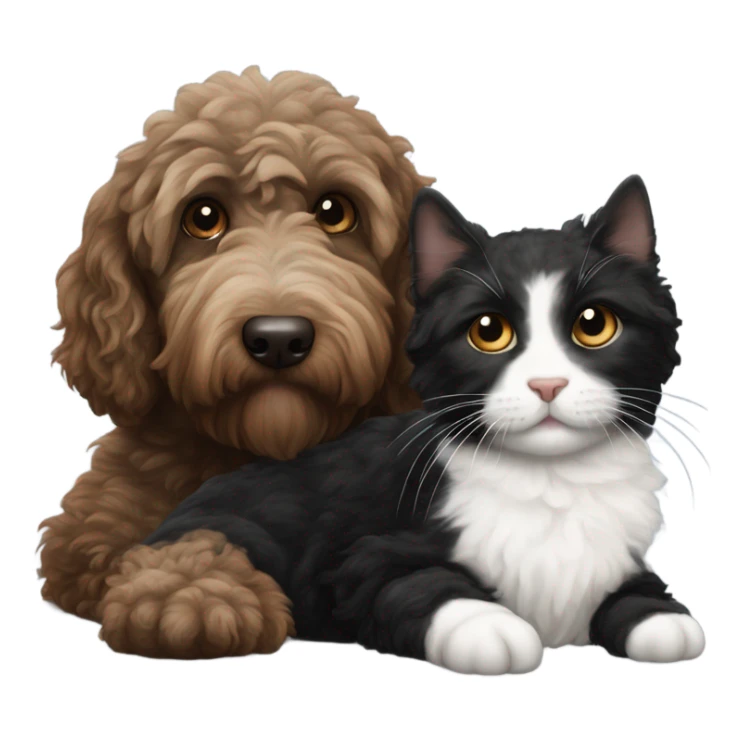 Australian labradoodle dark brown cuddling with tuxedo cat sticker
