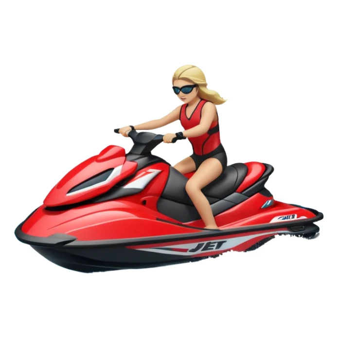 jet ski (red black and white all in the same amount. maybe a red a bit more dominant) on the sea. show the sea under the jet ski - blue with turquoise. no sky - white background instead. DO NOT REMOVE THE SEA AND THE WHITE WHEN FINALIZING!  sticker