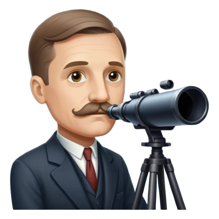 Astronomer Edwin Hubble with mustache, wearing a suit, looking through a telescope with stars in the background sticker