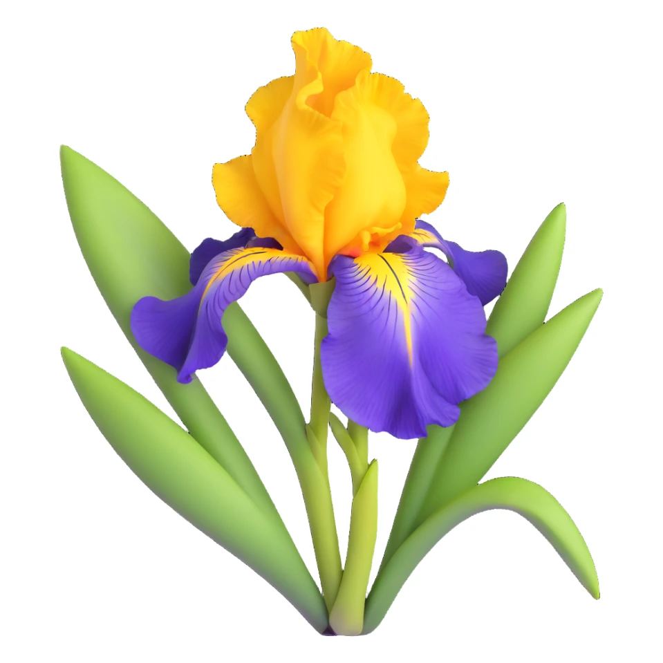 Detailed iris flower with rich purple color, classic iris structure with three hanging falls and three upright standards, green stem and leaves sticker