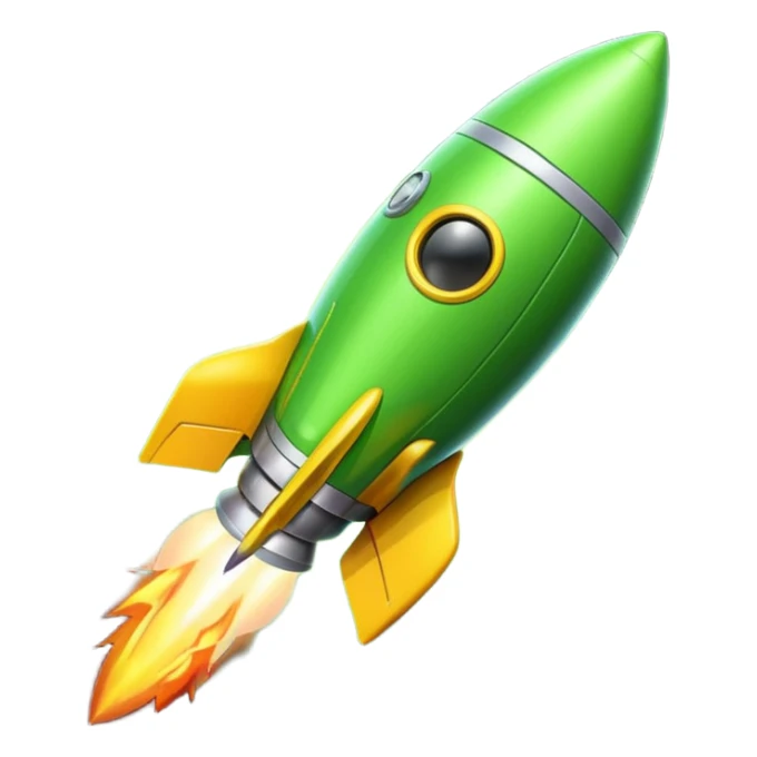 A single rocket, colored in yellow and neon green, glossy and smooth, cartoonish, vibrant colors, high detail, simple and cute design, isolated on white background, centered composition sticker