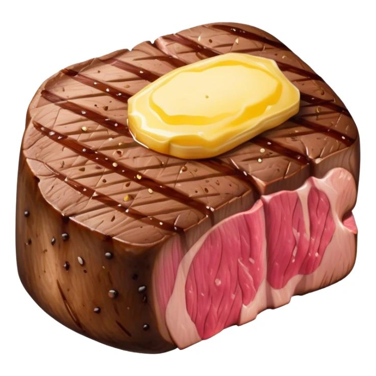Cinematic thick-cut steak, perfectly seared with grill marks, a juicy pink center, butter melting on top, rich and savory, warm glow, sizzling and mouthwatering, highly detailed and appetizing. sticker