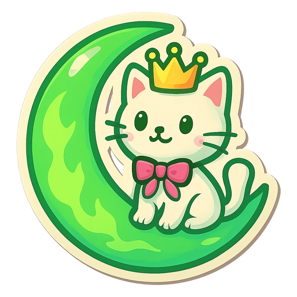 Light green crescent moon with fire effects, same shape as the reference image. A white cat with a pink ribbon and a crown sitting on the moon. Transparent background. Emoji style. sticker