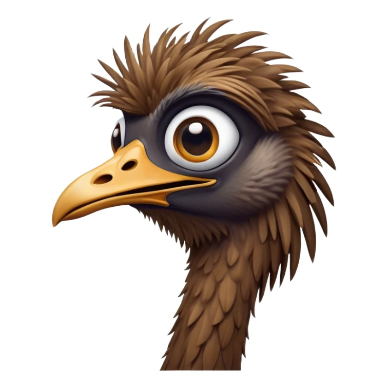 Cinematic Comical Emu Portrait Emoji, Head tilted dramatically with an exaggeratedly amused expression, featuring a striking, textured brown plumage with a comically small head and wide, expressive eyes full of playful disbelief, Simplified yet hilariously expressive features, highly detailed, glowing with a slightly sassy glow, high shine, dramatic yet playful, stylized with an air of cheeky outback mischief, bright and endearing, soft glowing outline, capturing the essence of a spirited and over‐the‐top emu, so meme‐worthy it feels like it could squawk its way into internet fame instantly! sticker