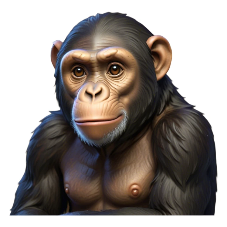 Cinematic Noble Chimpanzee Portrait Emoji, Poised and wise, with a lean, agile build adorned with textured fur and deep, thoughtful eyes, Simplified yet sharp and sophisticated features, highly detailed, glowing with a soft, contemplative glow, high shine, intelligent and vigilant, stylized with an air of primate regality, focused and attentive, soft glowing outline, capturing the essence of a watchful guardian that feels as though it could step out of the screen with effortless authority! sticker
