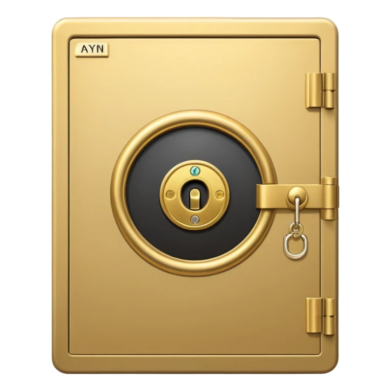 A secure vault door with the AYNI Gold logo at its center lock, glowing subtly. Flat design, metallic gold tones, black background, small “AYNI Gold” tag on the lower edge sticker
