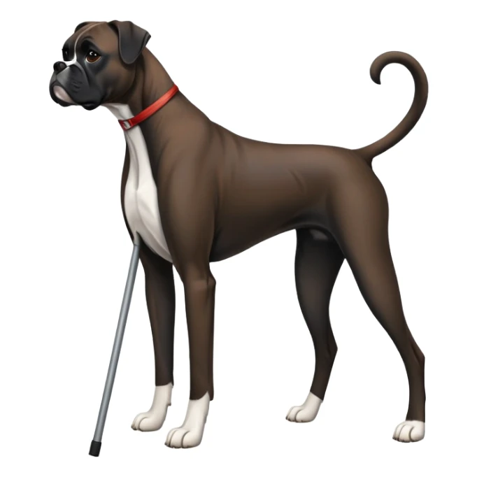 Elderly adult dark black boxer dog standing on hind 2 legs hunched over using one cane sticker