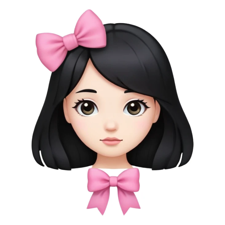 cute round face with long black hair and pink bow on the side sticker