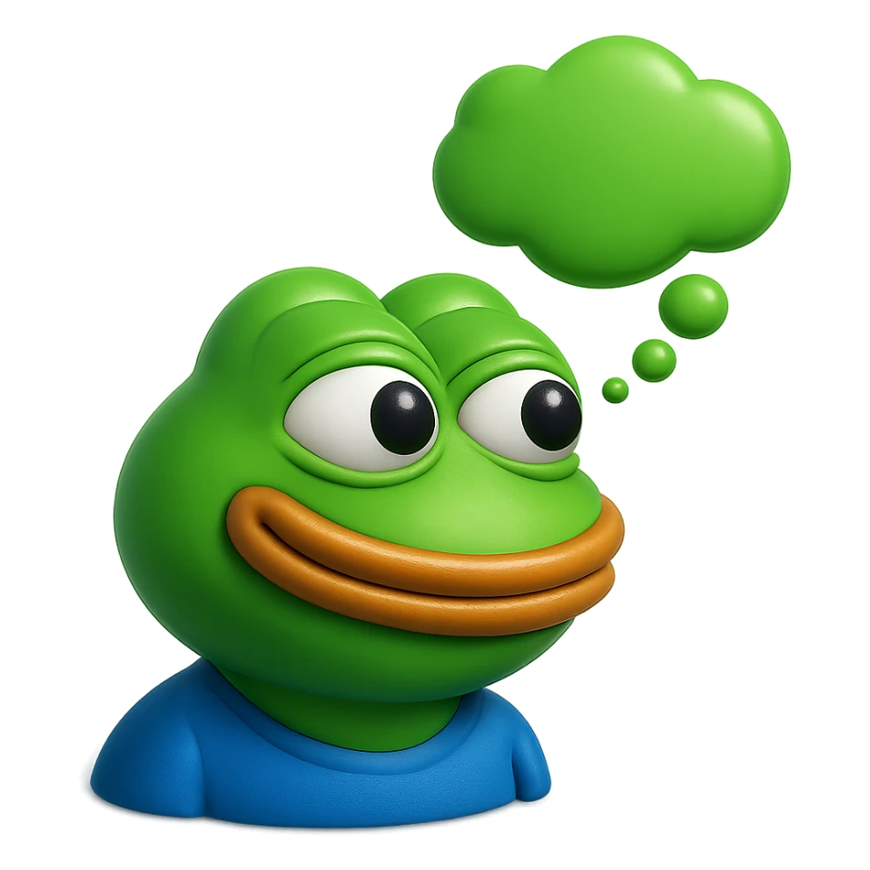 make a pepe in bright green smiling with thought bubble looking at left side in 3d style, good highlights and shadows, drop shadows sticker