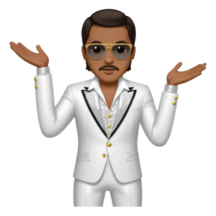 Charlie Wilson with dark brown hair, white sequin outfit sticker