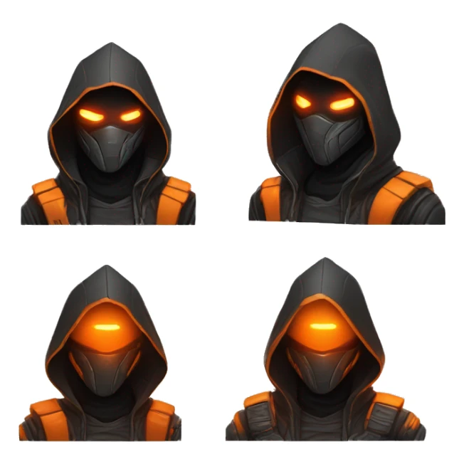  developer behind his laptop with this style : crysis Cyberpunk Valorant orange glowing bright orange character orange black hooded assassin themed character sticker
