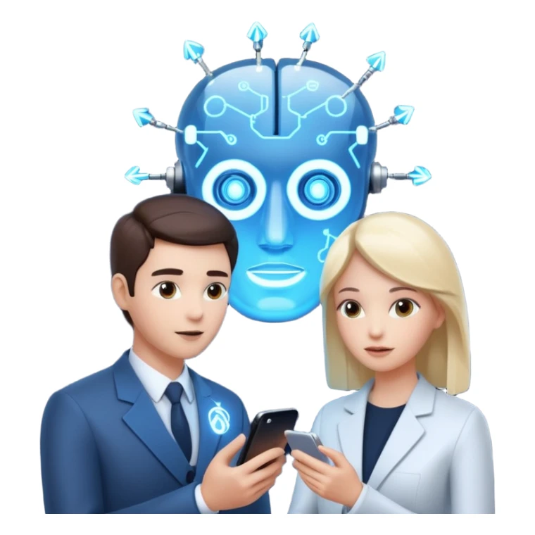 Generate a realistic emoji of a two people using a phone which shows artificial intelligence. Out of the phone is coming 3d ideas and electric symbols  sticker