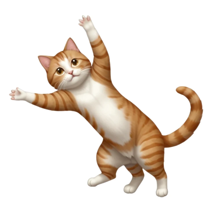 brown tabby and white cat with doing a big extremely long stretch reaching up into the air with arms and legs side by side together straight and overextended whilst lying on its side sticker