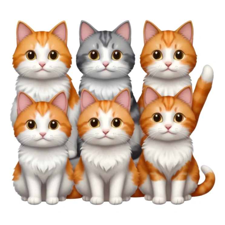 6 cats with different coloured coats, 2 are grey and white, 1 is grey with a little white, 1 calico, 1 brown tabby and white and one ginger and white sticker