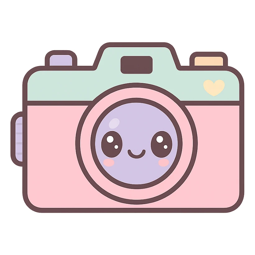 cute film camera, kawaii style, big eyes, pastel colors sticker