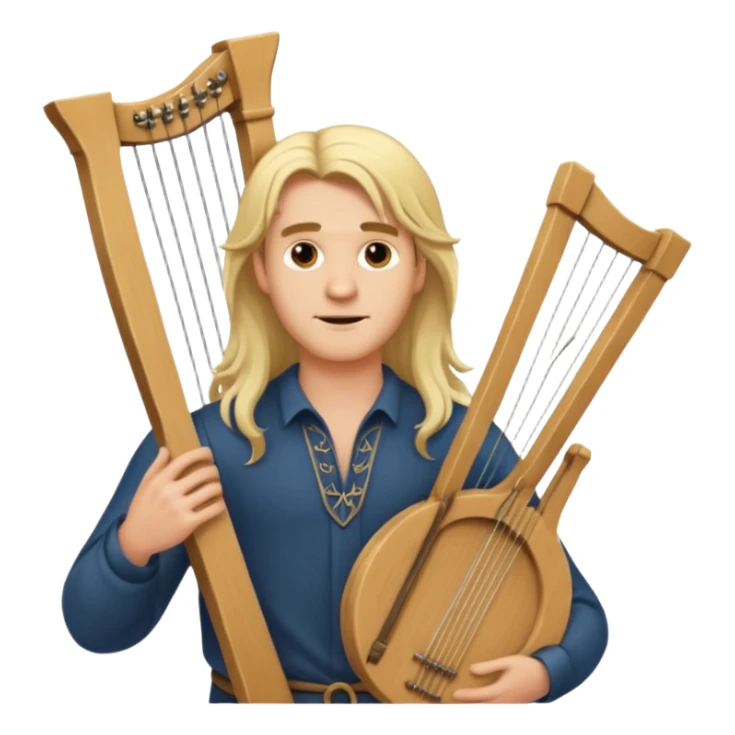 Man with long blonde hair confidently holding a lyre sticker
