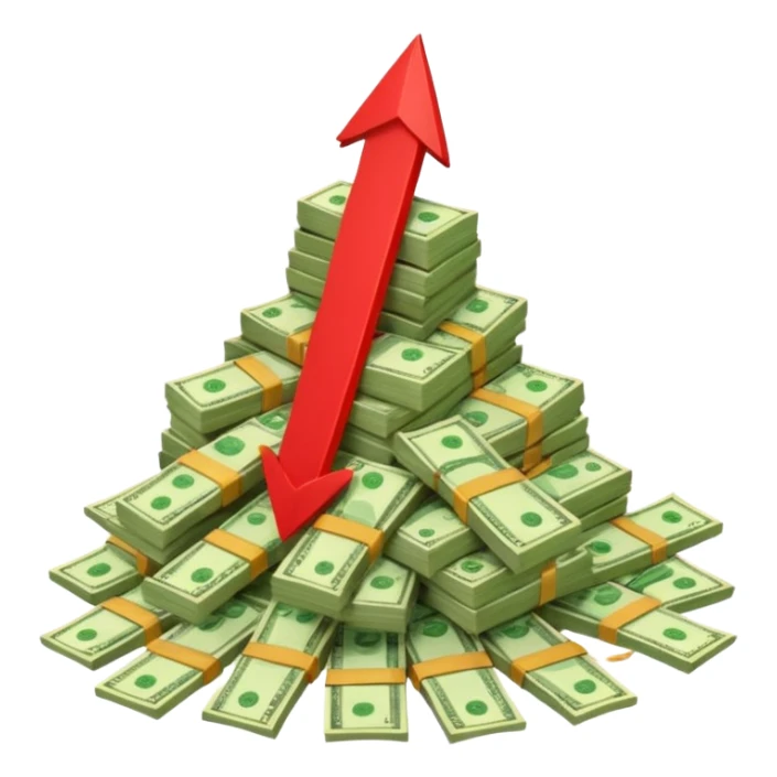 a pile of money with red arrow up sticker