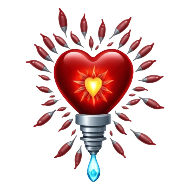 Glowing pieces of liver, red meat, and sardines floating around a red blood cell that shines brightly like a torch. Streams of light connect the blood cell to a heart and muscles, showing how heme iron creates energy and vitality throughout the body. sticker