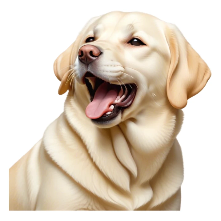 Cinematic Cute Yawning Cream Labrador Portrait Emoji, Head tilted slightly with a dramatic, wide-open yawn, showcasing a smooth cream Fur with a subtle shimmer, floppy ears slightly drooping, round warm eyes barely open in drowsy contentment, Simplified yet irresistibly adorable features, highly detailed, glowing with a soft, cozy glow, high shine, relaxed yet expressive, stylized with a touch of whimsy, bright and endearing, soft glowing outline, capturing the essence of a sleepy yet affectionate companion, so drowsy it feels like it could stretch out of the screen and curl up for a nap! sticker