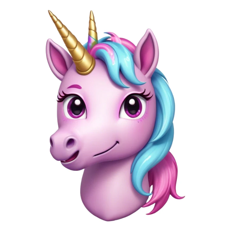 Cinematic Comical Unicorn Pony Portrait Emoji, Head tilted dramatically with an exaggeratedly amused expression, featuring a compact, magically adorned form with a sparkling tiny horn, wide, comically expressive eyes full of playful disbelief, and a subtly animated mane, Simplified yet hilariously expressive features, highly detailed, glowing with a slightly sassy pastel glow, high shine, dramatic yet playful, stylized with an air of cheeky magical mischief, soft glowing outline, capturing the essence of a meme-worthy unicorn pony that looks ready to trot its way into viral fame! sticker
