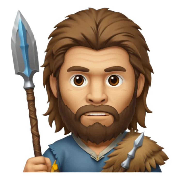 monkey-like Neanderthal, human face, long hair and beard, fullbody, holding a spear sticker