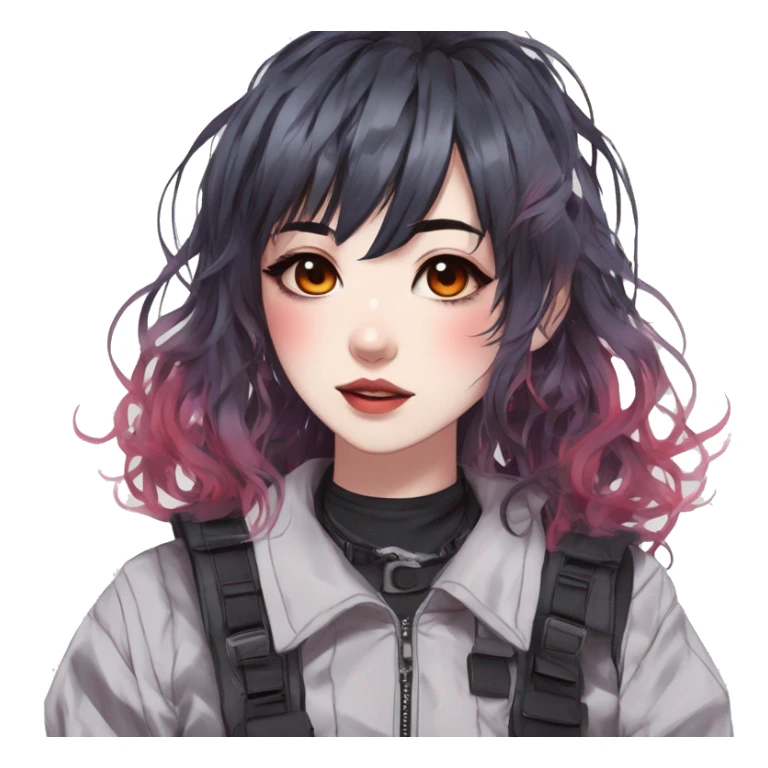Gorgeous pastel bright iridescent techwear anime style lady with blushing face aesthetic and pretty edgy black red white punk messy hair with collar and harness trending style sticker