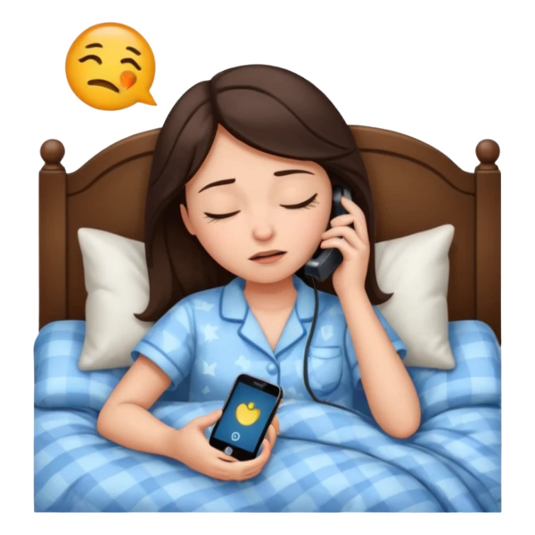 generate a girl brunette sleeping in bed.Her phone ringing. She looks mad sticker