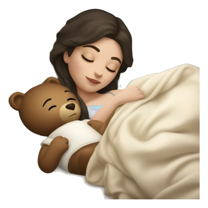 sleeping beauty dark haired white girl with a silk pillow and a teddy bear sticker