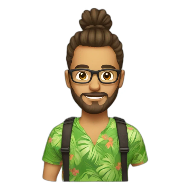 Backend developer with man bun glasses and Hawaiian t-shirt sticker