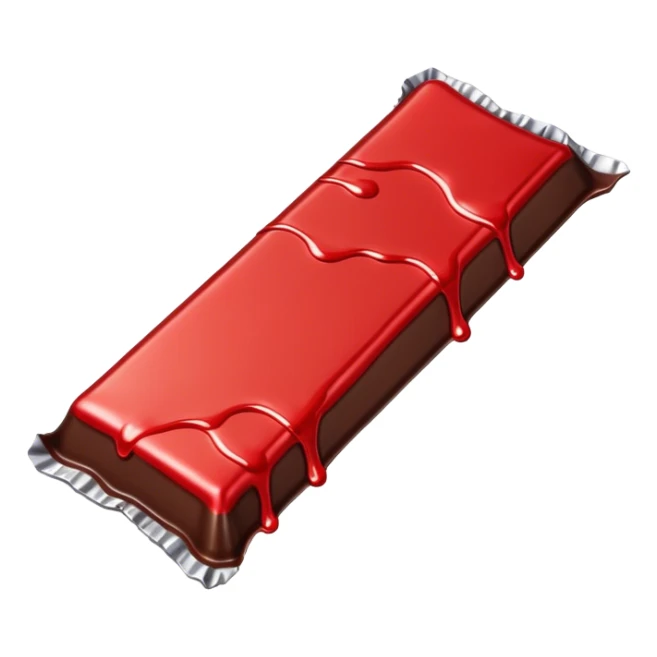 The image shows a partially unwrapped chocolate bar, with its red and silver wrapper pulled down, revealing the chocolate inside. Part of the chocolate is melting, dripping from the edge, creating a smooth and glossy effect.  sticker