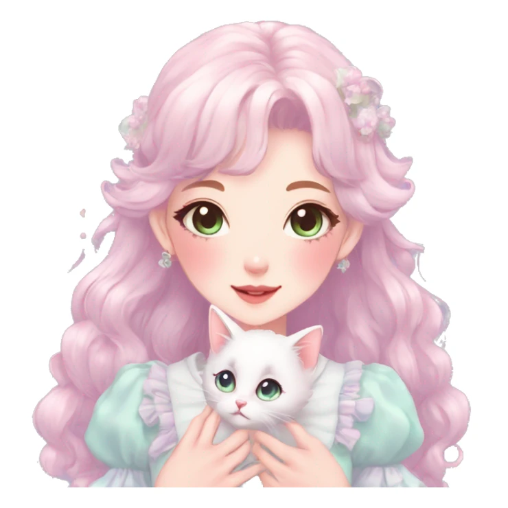 Gorgeous pastel anime style lady with blushing face and holding a kitten cottagecore fairycore pastelcore colorful pearly romantic simplistic aesthetic trending style sticker