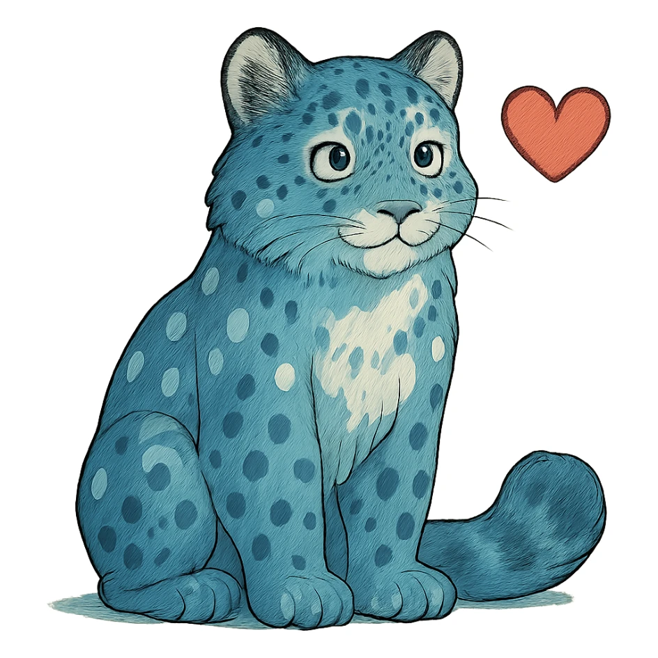 ghibli style snow leopard with blue fur, white spots, and a heart sticker