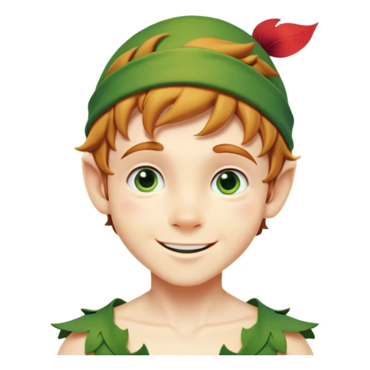 Cinematic Realistic Peter Pan Portrait, head tilted playfully and inquisitively, capturing his mischievous smile and twinkling eyes. The intricacies of his whimsical attire and the soft interplay of natural light bring to life his adventurous energy and childlike charm with a hint of daring strength. sticker