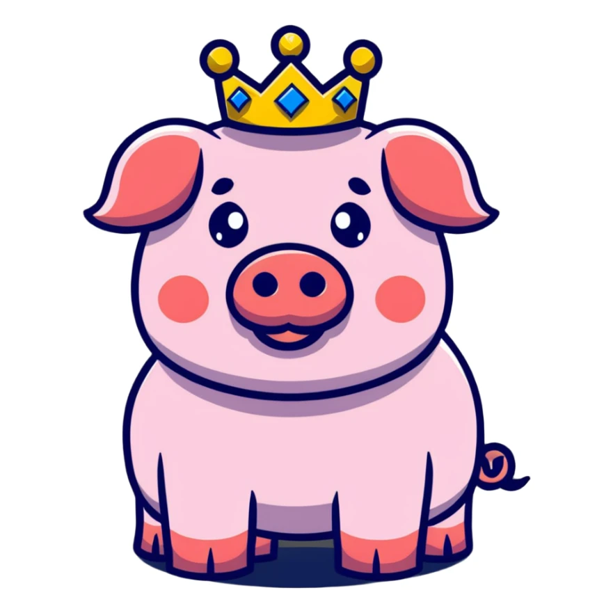 cute pig with a golden crown, styled like LEGO Duplo, clearly visible block elements and studs, chunky, colorful, simple, playful sticker