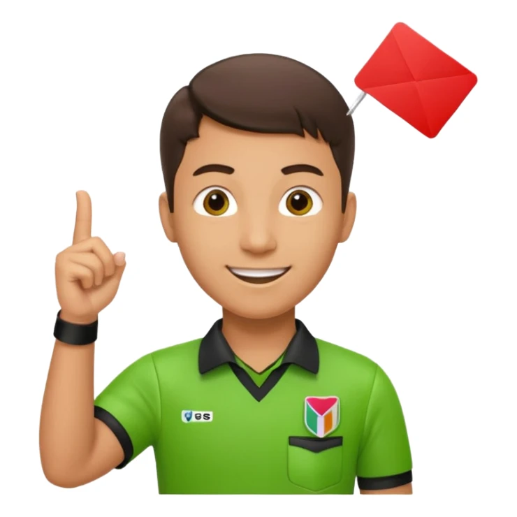 Young Referee – Energetic Style
 Wearing bright green shirt, smiling slightly, holding red card high with whistle around neck. sticker