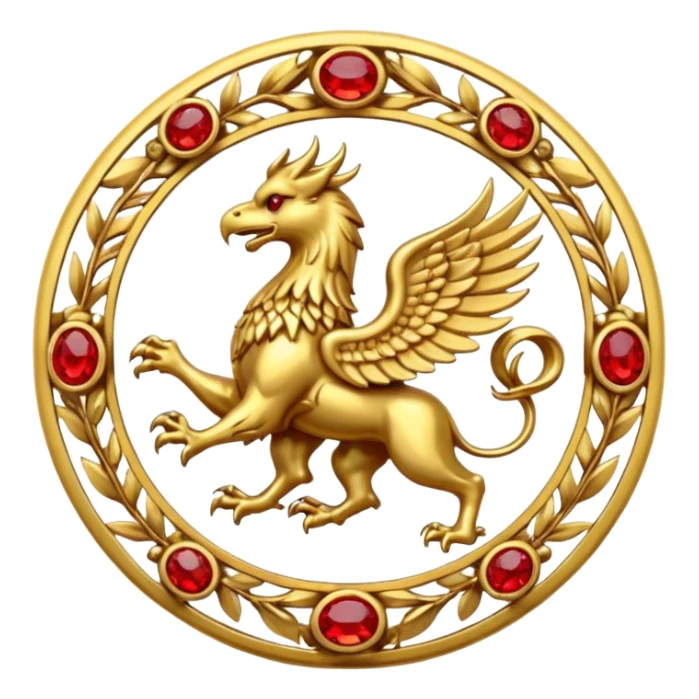 Golden griffin crest / brosch in a circle with red gems and no background sticker
