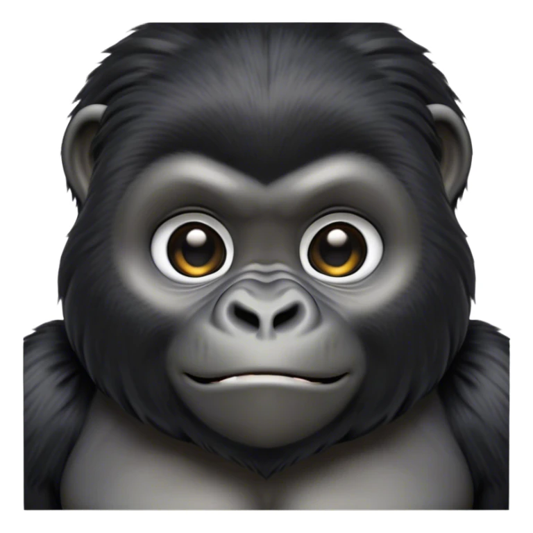Cinematic Cute mountain Gorilla Portrait Emoji, Head tilted playfully and inquisitively, with a robust build accented by a striking black and grey mane and round, sparkling eyes full of gentle charm, Simplified yet irresistibly adorable features, highly detailed, glowing with a warm, friendly jungle glow, high shine, affectionate and lively, stylized with a touch of endearing primate whimsy, soft glowing outline, capturing the essence of a mischievous yet loving mountain that feels like it could lumber out of the screen into your arms! sticker