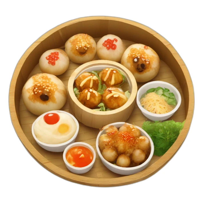 takoyaki in bamboo boat tray and toppings sticker