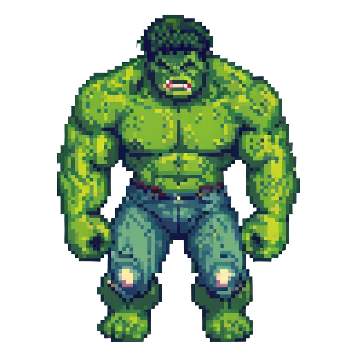 Add a pixel art city background behind Hulk smashing, keep the style consistent with pixel art style. sticker