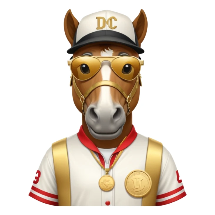 friendly anthropomorphised horse in RUN DMC style outfit, gold medal, baseball hat, sunglasses sticker