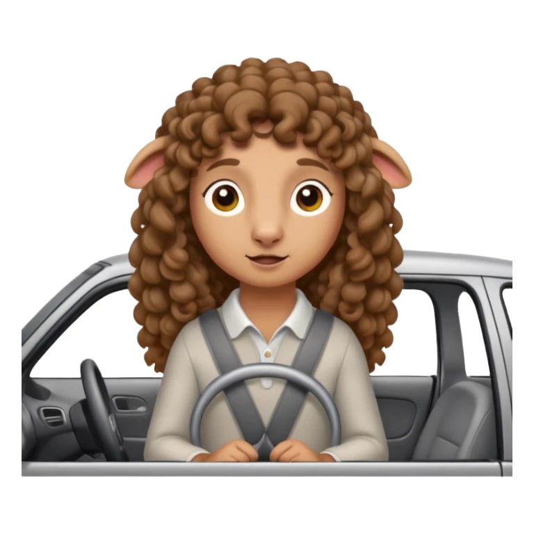 a sheep with long brown curly hair and brown eyes on a grey car sticker