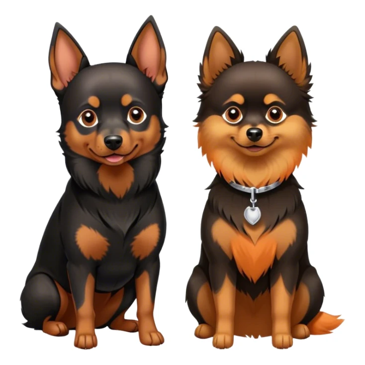 Doberman Pinscher and Pomeranian Spitz standing side by side. The Doberman has a sleek black and tan coat with alert ears, while the Pomeranian has a fluffy orange coat and a joyful expression. Beautiful natural background, with a clear blue sky and green grass. Transparent background. sticker