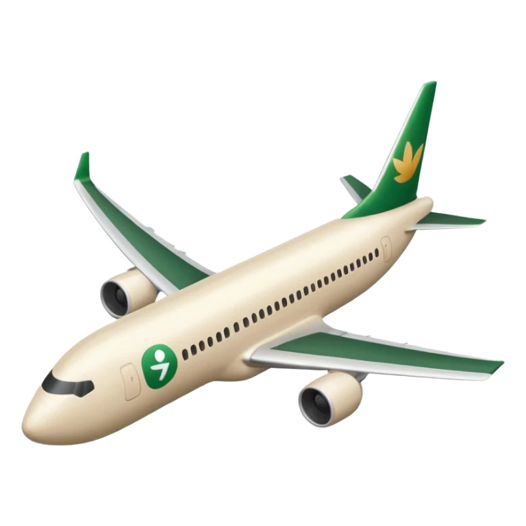 long light beige passenger airplane with dark green logo on fuselage, emoji style sticker