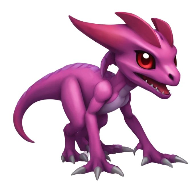 Chibi-Anthro Mauve-maroon-red-colored edgy anthro-genesect-velociraptor-scalie-sona-Fakémon-hybrid with a purple-pink mane on head and back and horns full body sticker