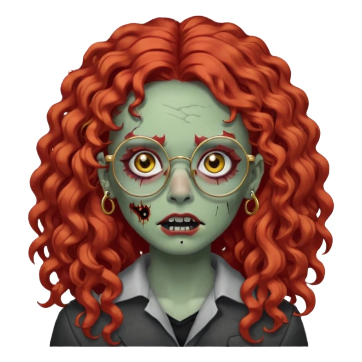 create a zombie with long red curly hair, thick lashes, black square glasses, gold nose piercings on each side of her nose, and a gold eyebrow piercing. sticker